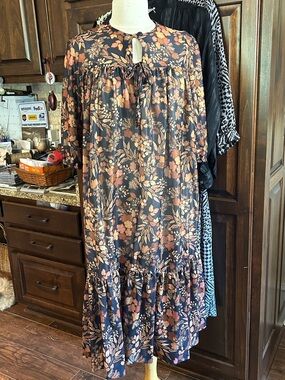 1960’s Bob Simmons Sz M Leaf Print Ruffle Midi Dress in Blk Orange Maternity
